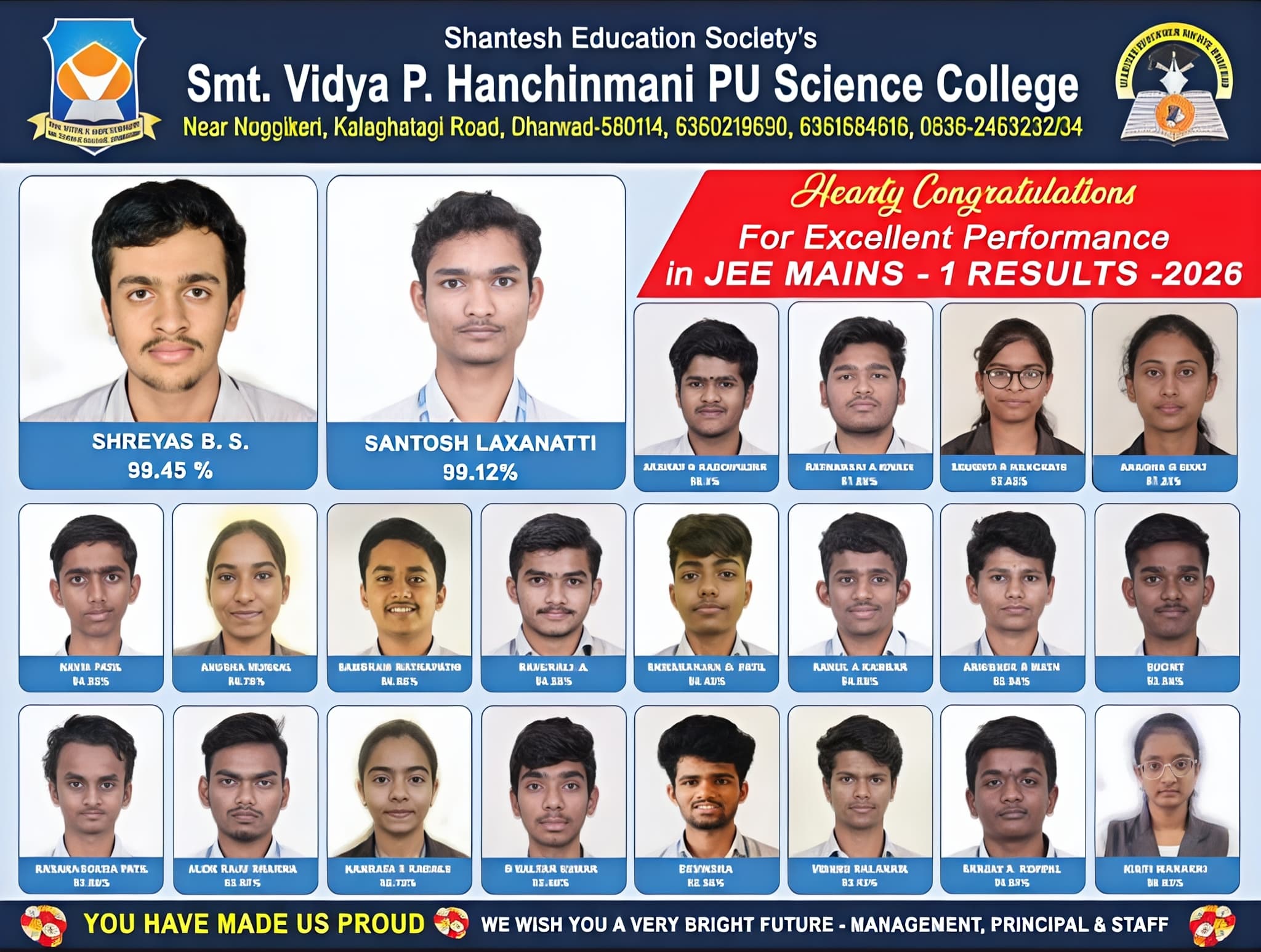 Top JEE Mains 2026 achievers at Vidya P. Hanchinmani PU Science College