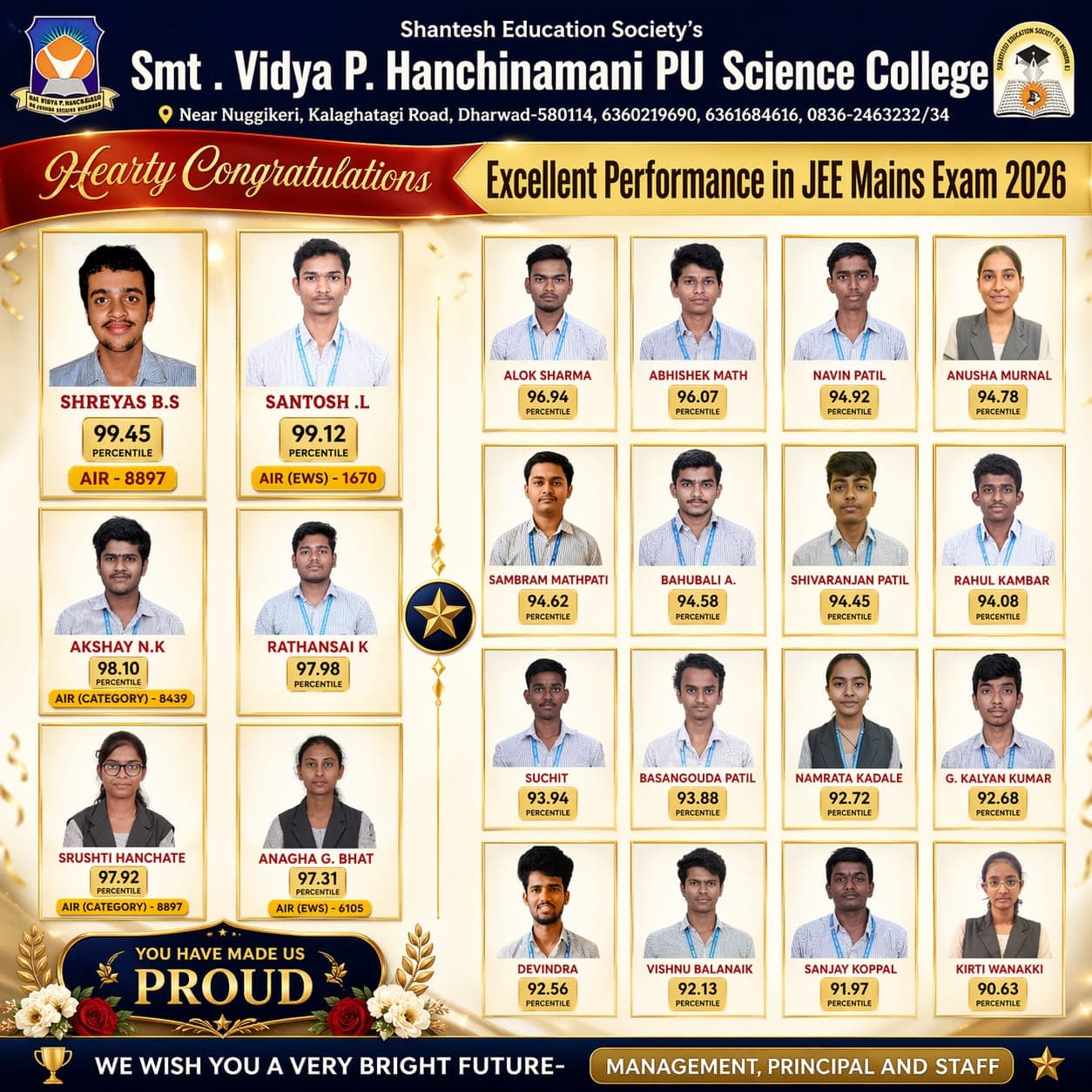 Excellent Performance in JEE Mains Exam 2026 — Smt. Vidya P. Hanchinmani PU Science College